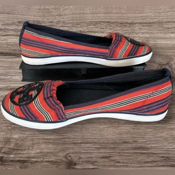 Tory Burch Raymond Canvas Flats Black Patent Logo Slip Ons Red White Blue Size 8 - Picture 6 of 13